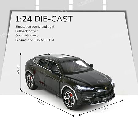 VikriDA Big Size 1:24 Scale Diecast Model Car - Lambo Urus with Smoke,Sound and Light Effects - Pullback Vehicle Toy Collection for Kids, Black