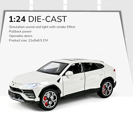 VikriDA Big Size 1:24 Scale Diecast Model Car - Lambo Urus with Smoke,Sound and Light Effects - Pullback Vehicle Toy Collection for Kids, White