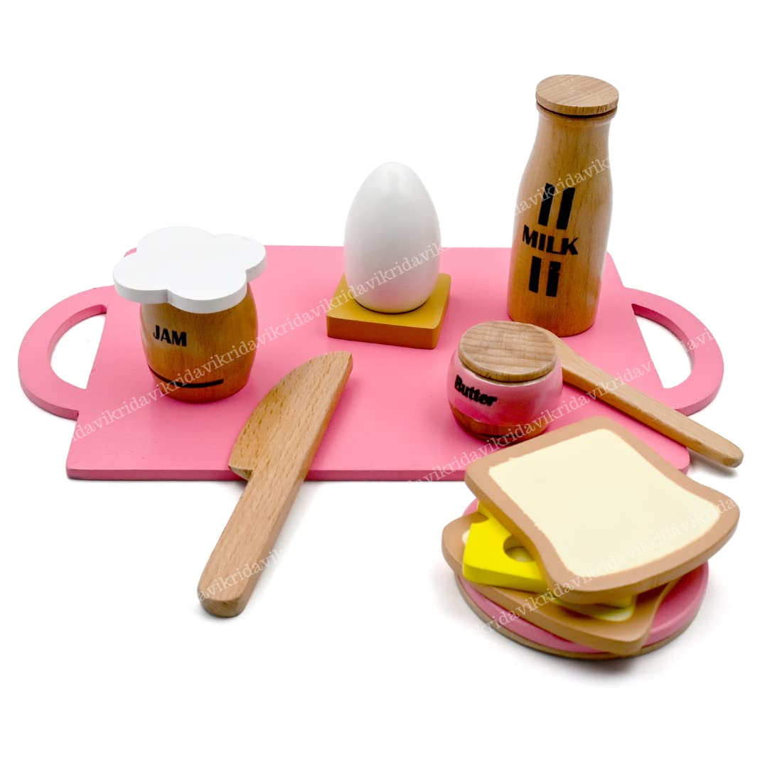 VikriDA Wooden Play Food for Toddlers - 16 Pieces Breakfast Pretend Toy Food