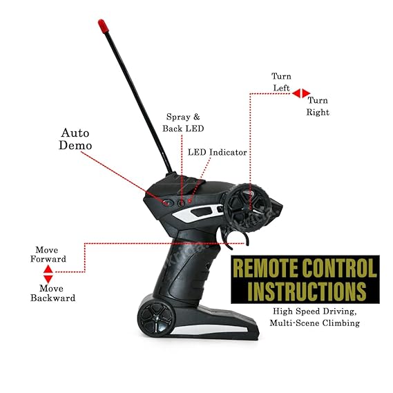 VikriDA Remote Control car with Mist Smoke Spray Function 1:18 Rock Crawler 2 WD High Speed Rechargeable Off-Road Monster Truck 45° Angle Climbing Car Toy for Kids - Black Color