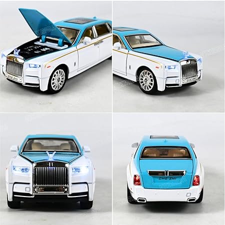 VikriDA 1/24 Rolls-Royce Phantom Model Car,Zinc Alloy Pull Back Toy Diecast Toy Cars with Sound and Light for Kids Boy Girl Gift(Blue-White)