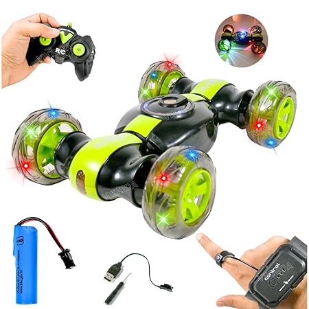 VikriDA 4WD 2.4GHz Remote Control Gesture Sensor Toy, Double Sided Rotation, Off Road Vehicle with Lights for Kids - Green
