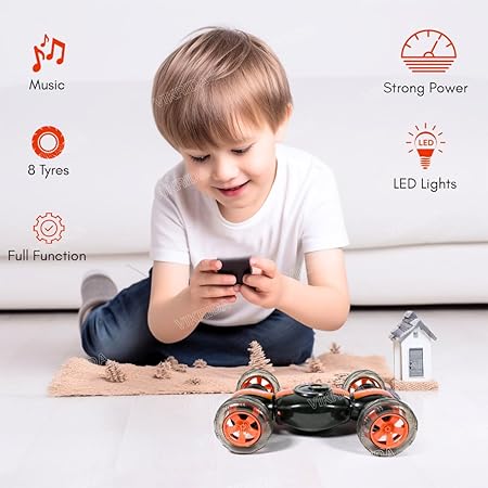 VikriDA 4WD 2.4GHz Remote Control Gesture Sensor Toy, Double Sided Rotation, Off Road Vehicle with Lights for Kids - Orange Color