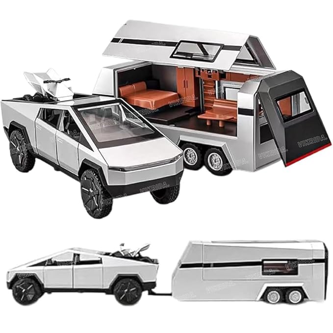 VikriDA 1/32 Pickup Trailer RV Model Kit, Off-Road Vehicle Alloy,Car Model Diecast Metal Toy,Truck Model Simulation Sound Light,Gifts for boy Girl (Silver)
