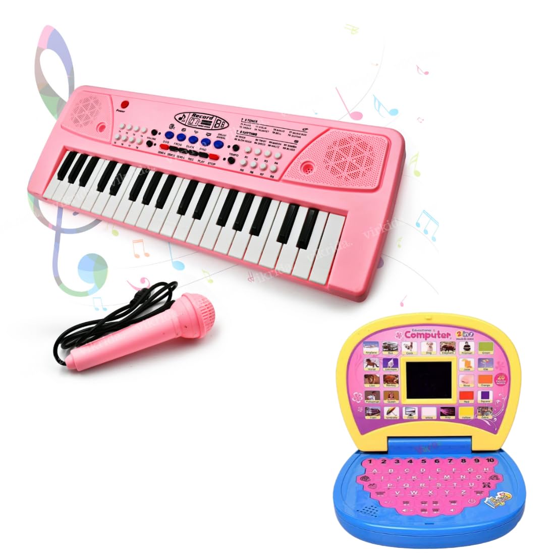 Vikrida Combo of 37 Key PINK COLOR Piano Keyboard Toy with Mini Screen Laptop, Recording and Mic with Learning English for Kids