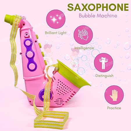 VikriDA Bubble Machine for Kids - Automatic saxophone bubble machine, Leak-Proof Design with 2 Bubble Solution, Toddler Outdoor Toys, Gift for Kids - Pink saxophone bubble