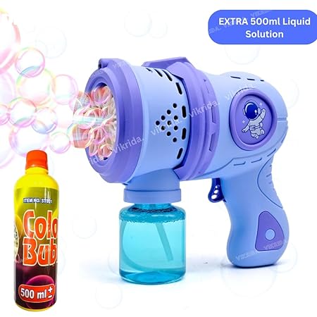 VikriDA Bubble Gun Machine with 500ml Solution Bottle for Kids Toddlers | 5000+ Bubbles Per Minute | Leak-Proof, Automatic Space Bubble Blower with Led Light - Blue