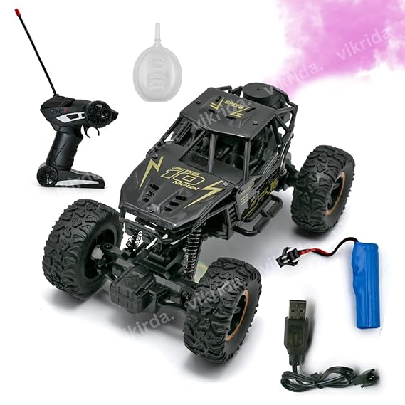VikriDA Remote Control car with Mist Smoke Spray Function 1:18 Rock Crawler 2 WD High Speed Rechargeable Off-Road Monster Truck 45° Angle Climbing Car Toy for Kids - Black Color