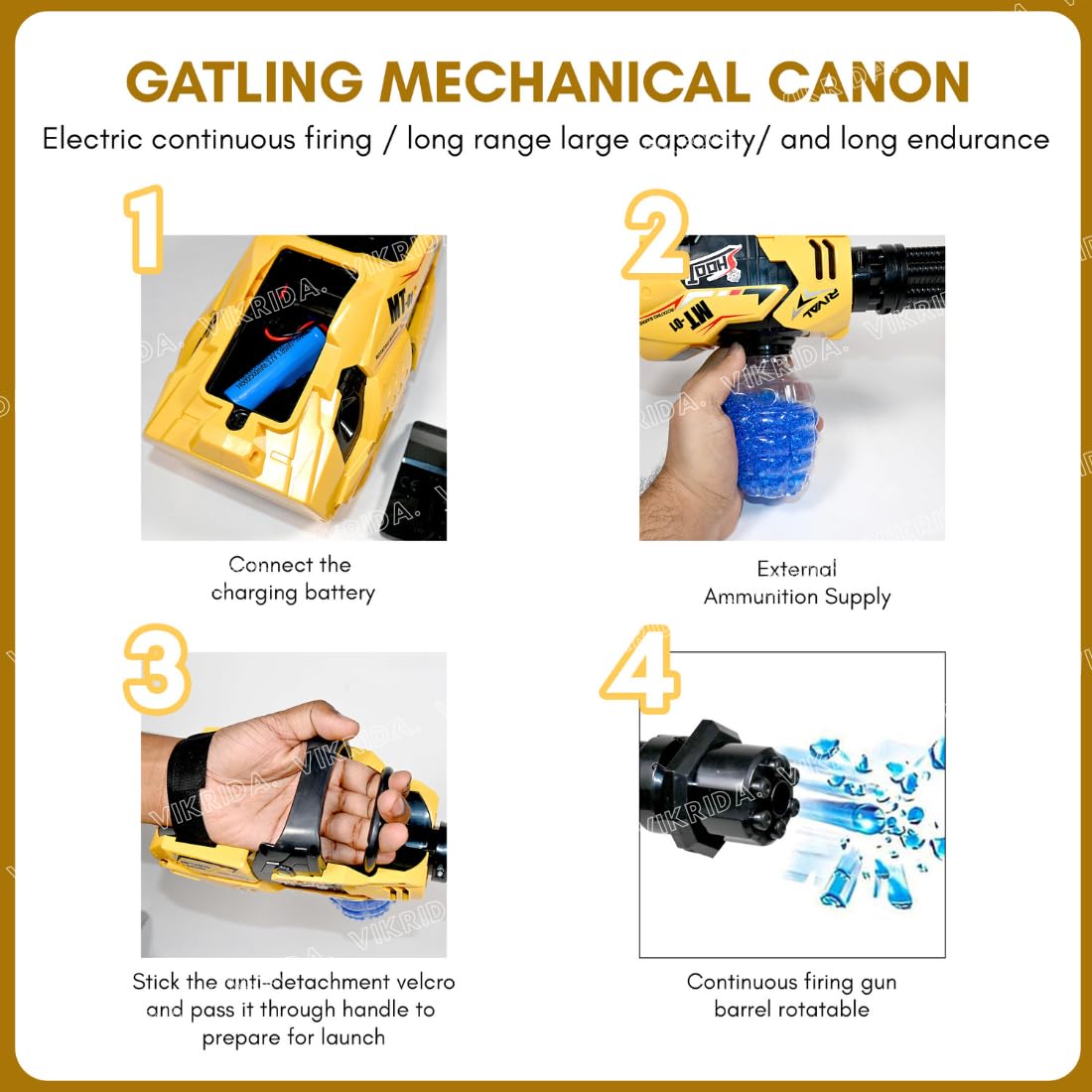 VikriDA Electric Mechanical Gatling Gel Shooter with water beads & Goggles, Upgraded Gel Ball Blasters Backyard Gift for Adults - Gel Blaster GATLING, Multicolor