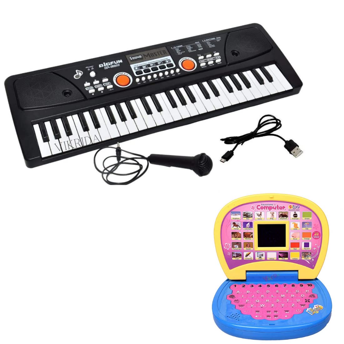 Vikrida Combo of 49 Key Piano Keyboard Toy with Mini Screen Laptop, DC Power Option, Recording and Mic with Learning English for Kids