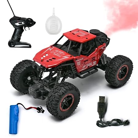 VikriDA Remote Control car with Mist Smoke Spray Function 1:18 Rock Crawler 2 WD High Speed Rechargeable Off-Road Monster Truck 45° Angle Climbing Car Toy for Kids - Red Color