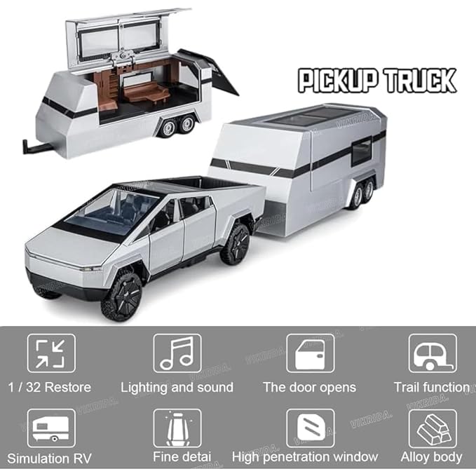 VikriDA 1/32 Pickup Trailer RV Model Kit, Off-Road Vehicle Alloy,Car Model Diecast Metal Toy,Truck Model Simulation Sound Light,Gifts for boy Girl (Silver)