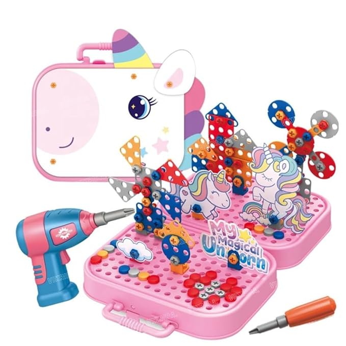 VikriDA Electric Drill Screw Tool Set Creative Mosaic Puzzle Toy, DIY 3D Creativity Educational Kit Construction Toy Building Block Toys for Kids, Girls and Boys (Unicorn)