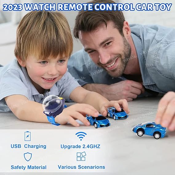 VikriDA 2.4 GHz Cartoon Mini Watch Car Toy, USB Rechareable Remote Control Toy, Wrist Racing Car Watch for Kids (One Watch Controller with One Car
