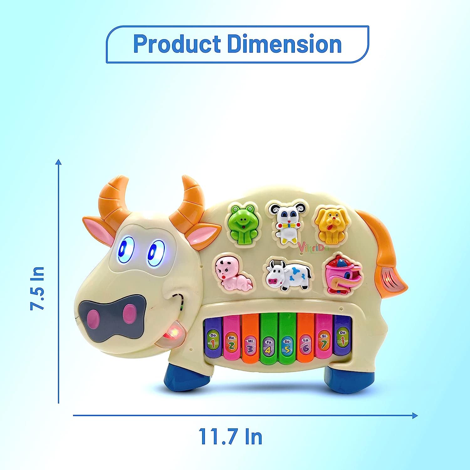 Vikrida Multicolor Musical Cow Piano Toy with Flashing Light & Sound for Kid, Early Development Musical Toy Plastic