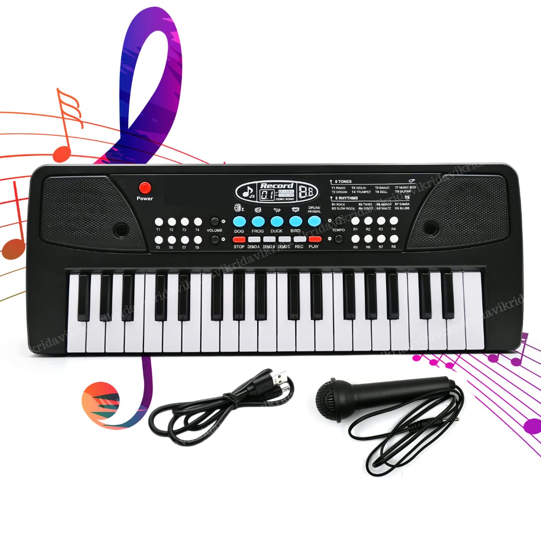 Vikrida Kids Keyboard Piano, 37 Keys Piano Keyboard with power option (37 keys and 8 tones, 8 rhythms 4 percussion) Black