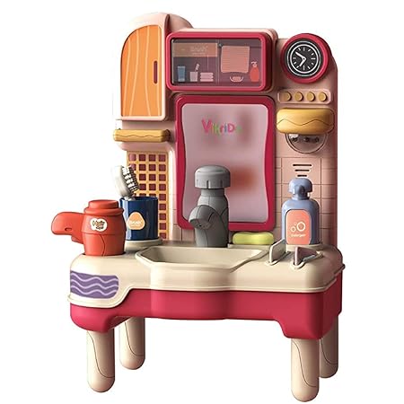 Vikrida Kids Play Sink with Running Water, Pretend Play Washbasin Toys Set with Working Faucet and Play Toothbrush & Blow Dryer for Toddlers - Multicolor