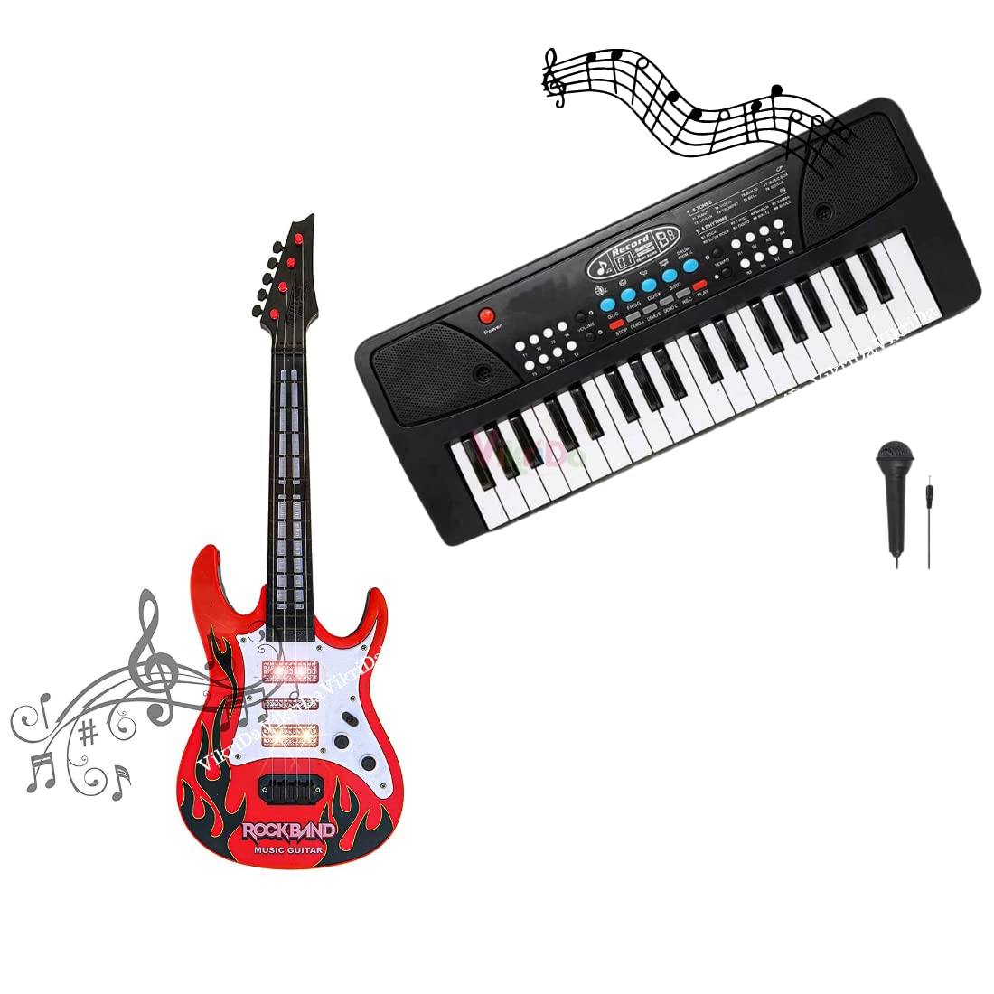 Vikrida 37 Key Piano Keyboard with Recording and Mic with Musical Guitar for Kids (37 keys and 8 tones, 8 rhythms 4 percussion) Black