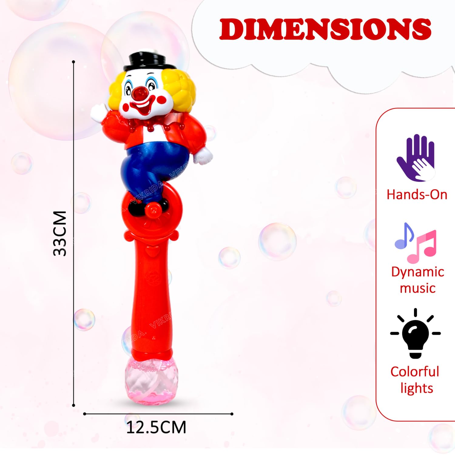 VikriDA Light Up Bubble Blower Wand with Thrilling LED & Sound Effect for Kids, 2 Bottles Bubble Fluid Included, Great Gift Idea, Party Favor - Clown