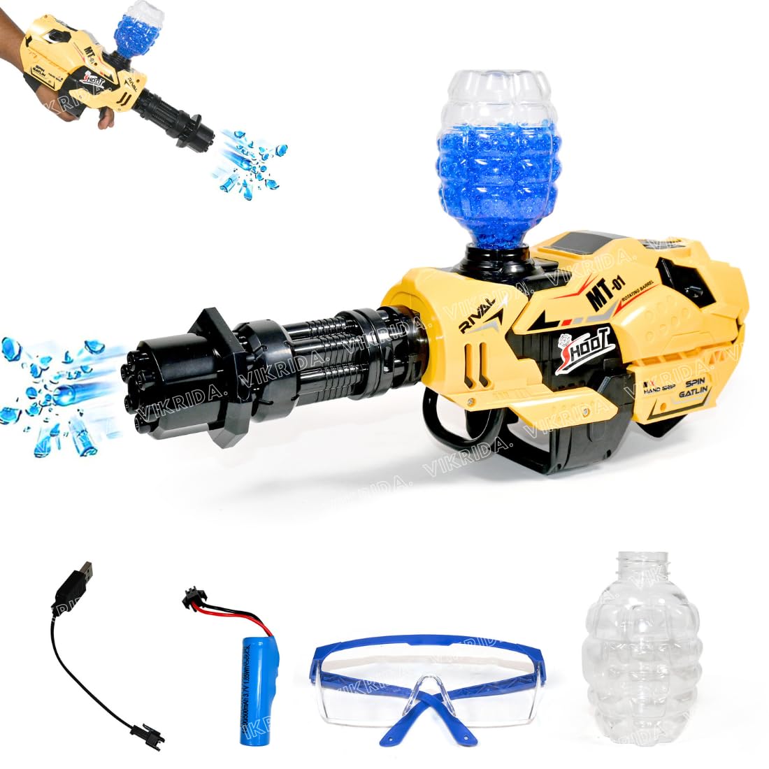 VikriDA Electric Mechanical Gatling Gel Shooter with water beads & Goggles, Upgraded Gel Ball Blasters Backyard Gift for Adults - Gel Blaster GATLING, Multicolor