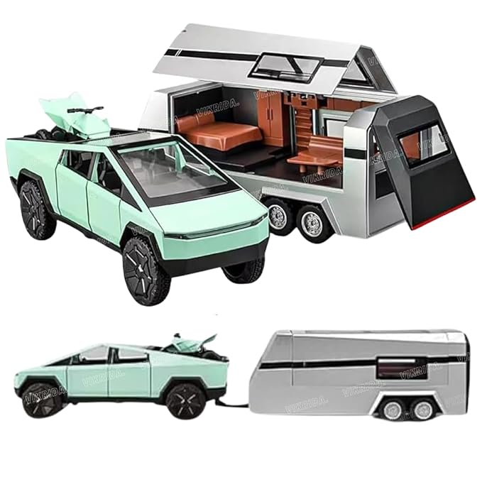 VikriDA 1/32 Pickup Trailer RV Model Kit, Off-Road Vehicle Alloy,Car Model Diecast Metal Toy,Truck Model Simulation Sound Light,Gifts for boy Girl (Green)