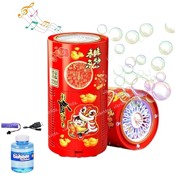 VikriDA Fireworks Bubble Maker Machine with Light & Music - 1 Bubble Solution Bottle - for Indoor Outdoor Birthday Party Celebration