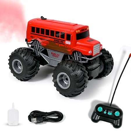 VikriDA Remote Control Toy for Boys RC School Bus Truck with Smoke and LED Lights High Speed Offroad RC Racing Car USB Rechargeable Monster Trucks for Kids - Red Color