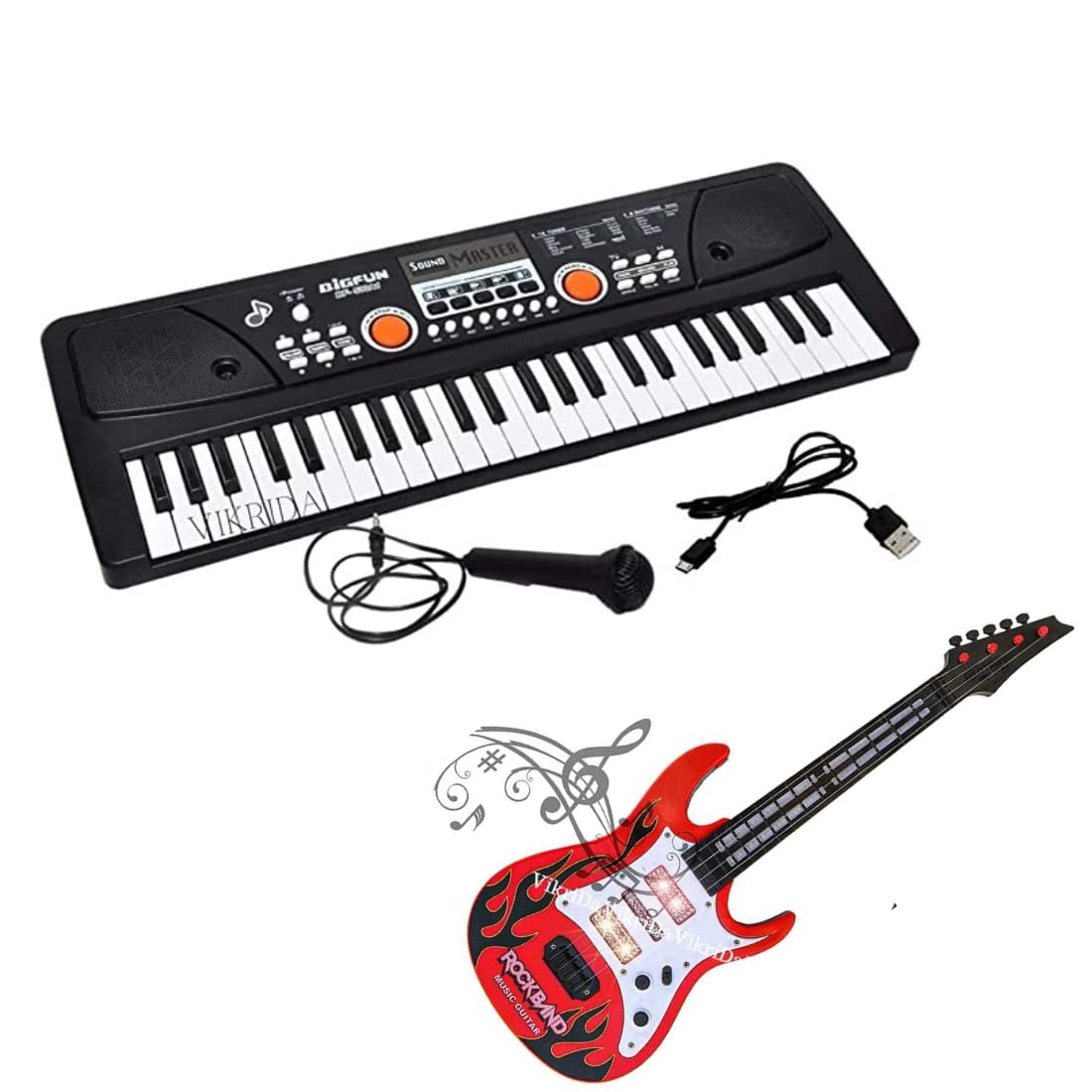 Vikrida 49 Key Piano Keyboard with Recording and Mic with Musical Guitar for Kids (49 keys and 16 tones, 8 rhythms, 6 Demos, 5 Percussions) Black