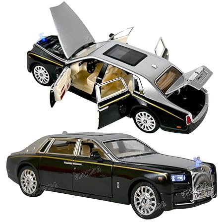 VikriDA Big Size 1/24 Rolls-Royce Phantom Model Car,Zinc Alloy Pull Back Toy Diecast Toy Cars with Sound and Light for Kids Boy Girl Gift (Silver - Black)
