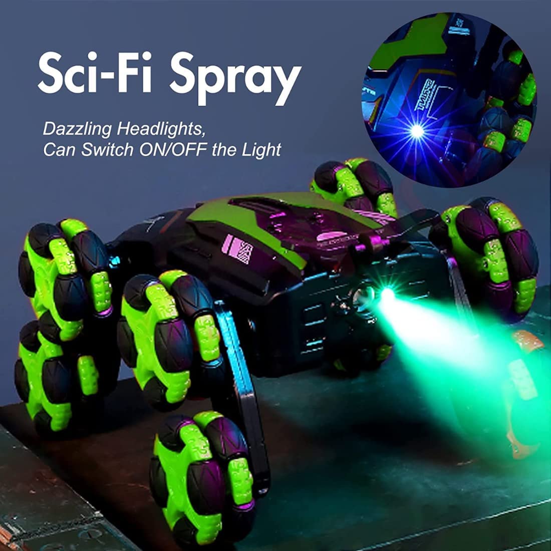 Vikrida 360° Rotating Remote Control Cars with Spray & LED Lights for Kids,