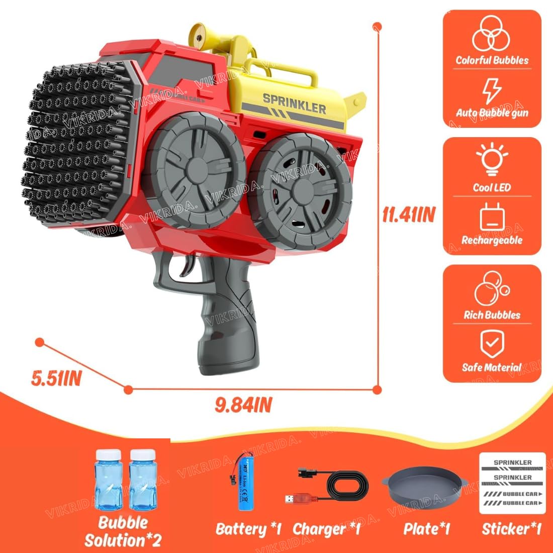 Vikrida 139 Holes Automatic Bubble Gun Blaster with Bubble Refill Solution, Indoor & Outdoor Bubble Maker Blower Summer Toys - Red
