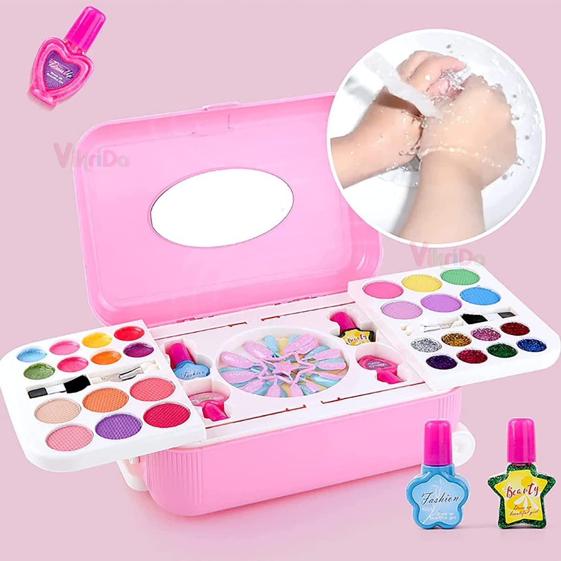 VikriDA Combo Set Of 1Pc Hair Comb Brush With 2 In 1 Cosmetic Makeup Palette And Nail Art Kit For Kids