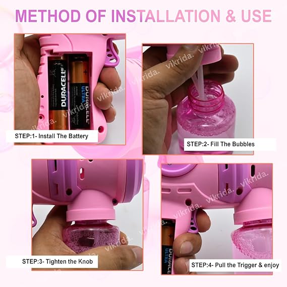 VikriDA Leak-Proof Design Automatic Bubble Gun for Kids & Toddlers with LED Light - inclu