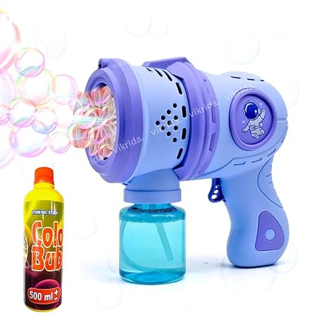 VikriDA Bubble Gun Machine with 500ml Solution Bottle for Kids Toddlers | 5000+ Bubbles Per Minute | Leak-Proof, Automatic Space Bubble Blower with Led Light - Blue