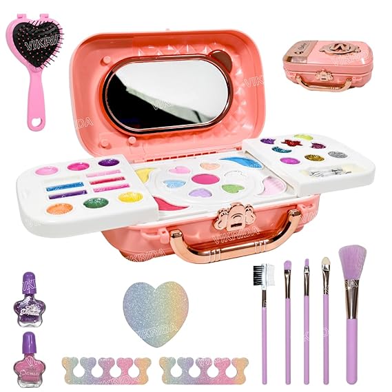 VikriDA Beauty Set Gift Toys for Girls Makeup Kit Attechi Set Washable Make up for Kids Princess Cosmetic Real Beauty Set Role Play (Pink)
