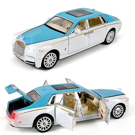 VikriDA 1/24 Rolls-Royce Phantom Model Car,Zinc Alloy Pull Back Toy Diecast Toy Cars with Sound and Light for Kids Boy Girl Gift(Blue-White)