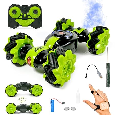 VikriDA Rc Stunt Car Double Sided Rotating Off Road 4Wd 2.4Ghz Twisting Vehicle with Light Mini Deformation Toy Cars for Kids (Green)