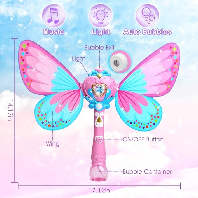VikriDa Magic Wand Bubble Machine Butterfly Automatic Powerful Bubble Blower for Kids | for Indoor, Outdoor, Birthday, Wedding, Party, Park Garden Backyard Play (Bubble Solution Included)