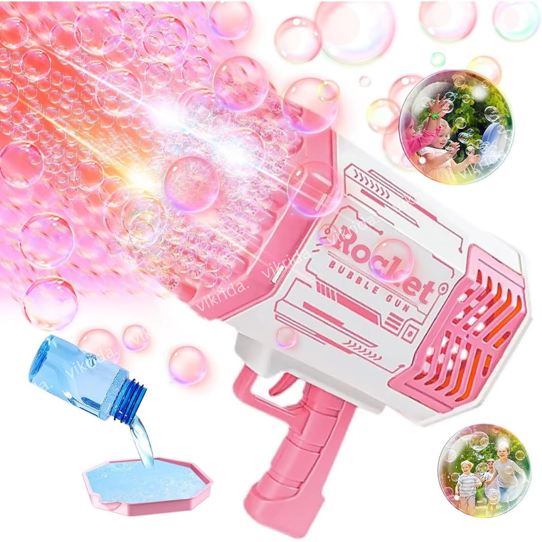 Vikrida 69 Hole Automatic Bazooka Bubble Gun for Kids with Colorful Lights & Colourful Bubble - Pink