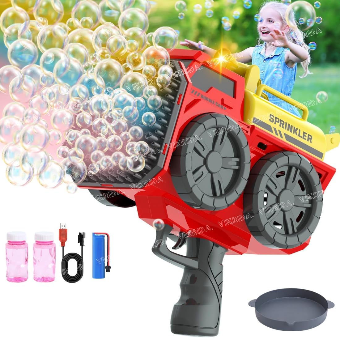 Vikrida 139 Holes Automatic Bubble Gun Blaster with Bubble Refill Solution, Indoor & Outdoor Bubble Maker Blower Summer Toys - Red