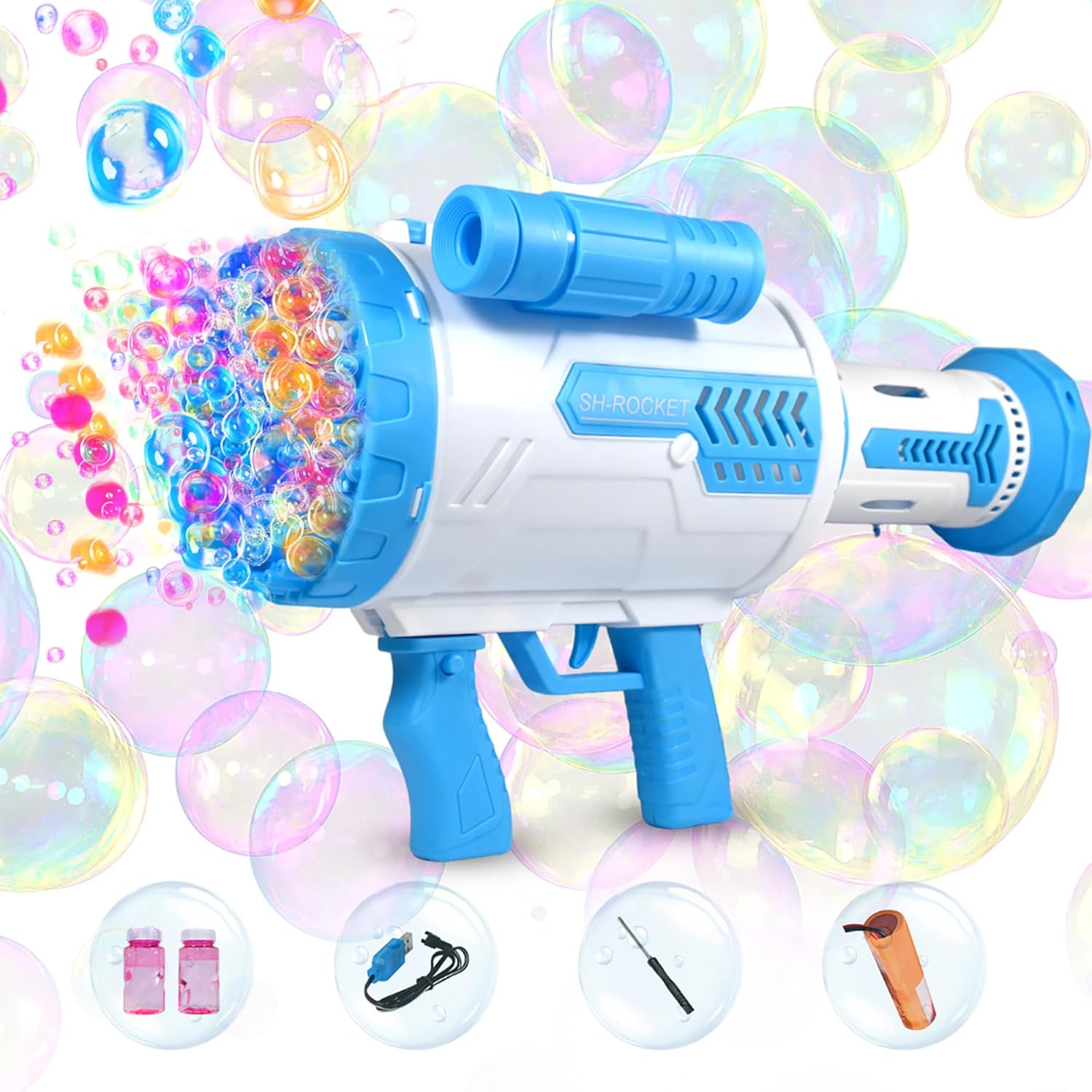 VikriDA Bazooka Bubble Gun - Upgraded 100 Holes Bubble Machine Gun, Rocket Bubble Gun with Light & Bubble Solutions, Bubble Blaster Maker for Kids, Wedding, Birthday Gift, Party Favors - Blue