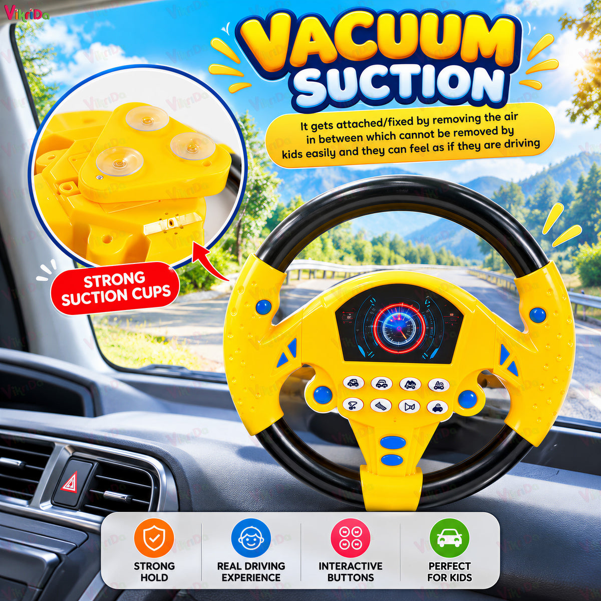 VikriDa Yellow Musical Pretend Driving Steering Wheel