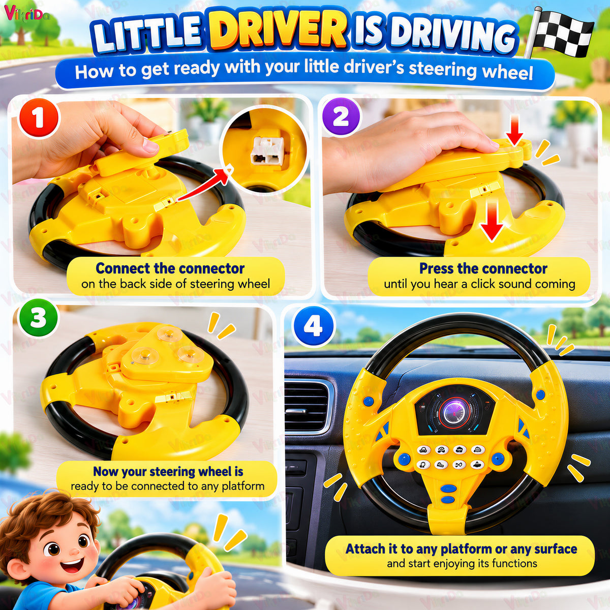 VikriDa Yellow Musical Pretend Driving Steering Wheel
