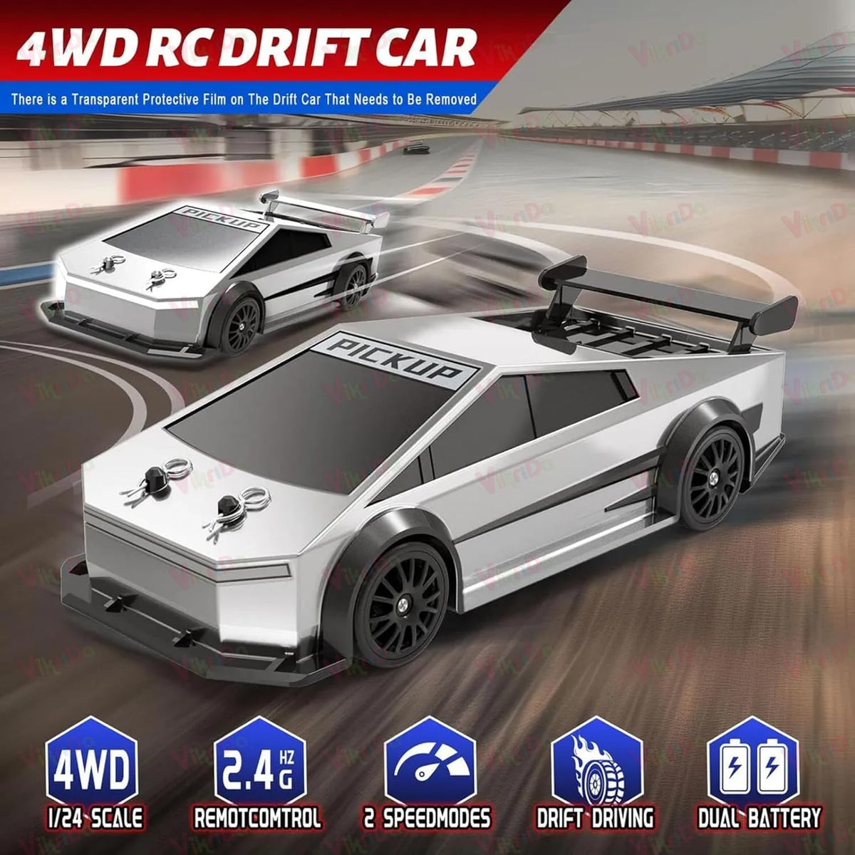 VikriDa RC Silver Tesla Pick-Up Drift Car for Kids