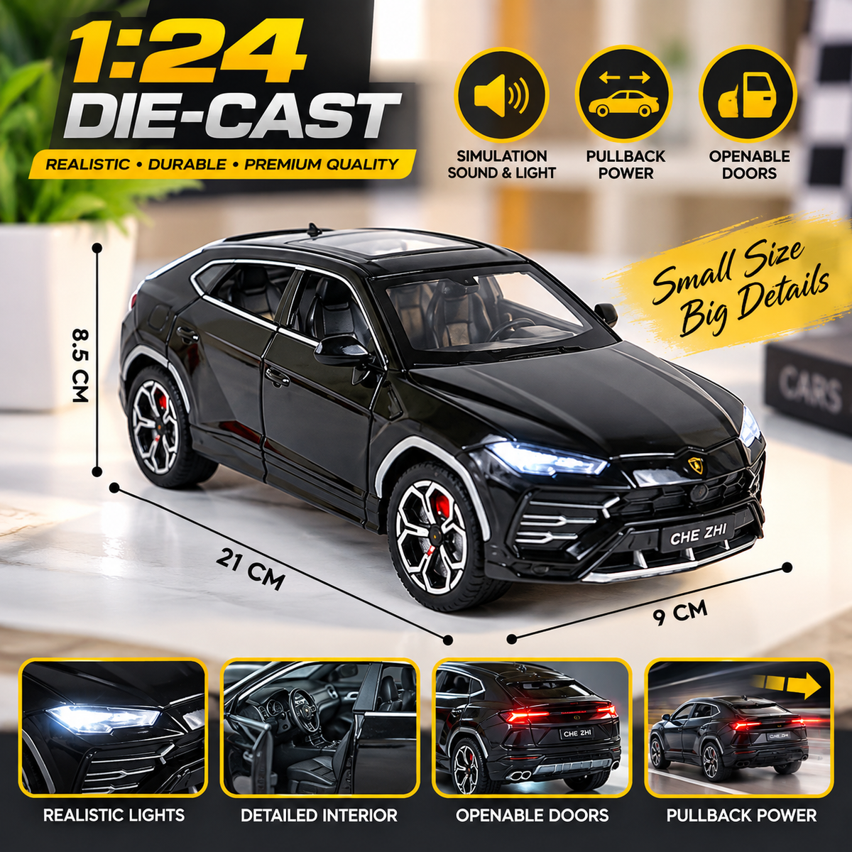 VikriDa 1:24 Lambo Urus Diecast Black Car