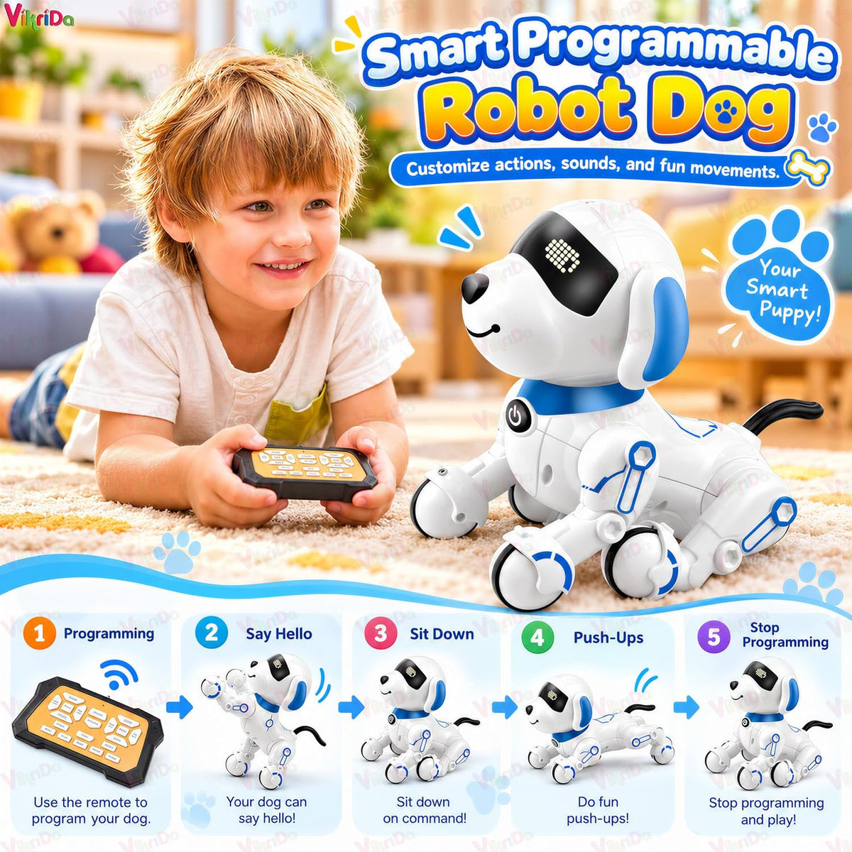 VikriDa Blue Smart Robot Pet Dog with AI for Kids