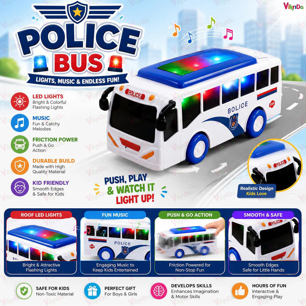 VikriDa Friction Powered Police Bus Toy