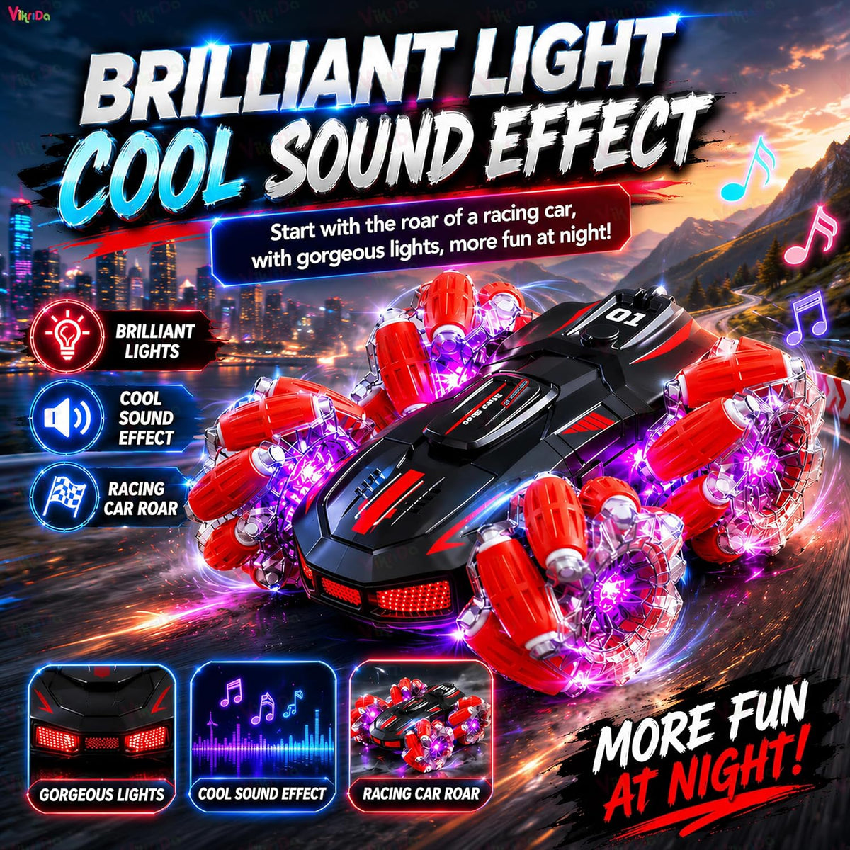 VikriDa Watch-Controlled LED Extreme Stunt Car for Kids