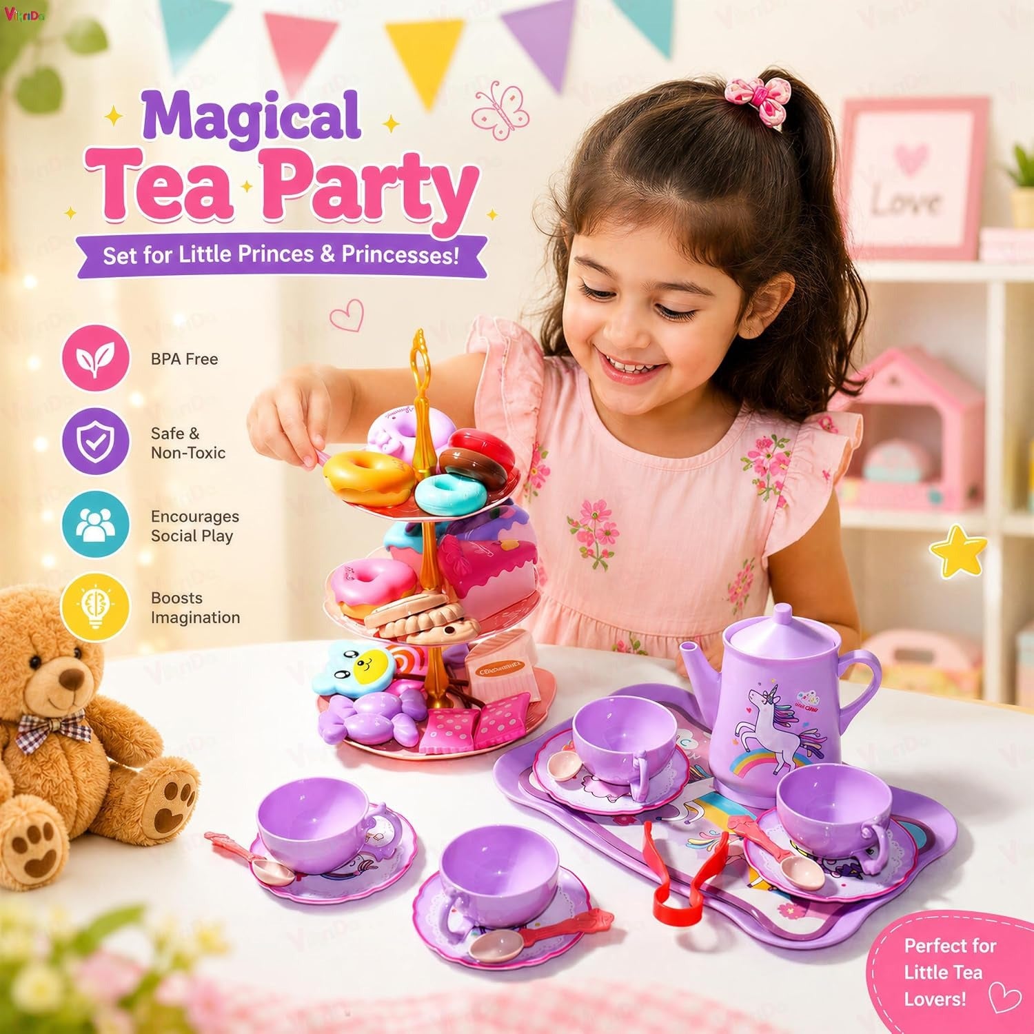 Vikrida 48-Piece Unicorn Kids Pretend Tea Party Set