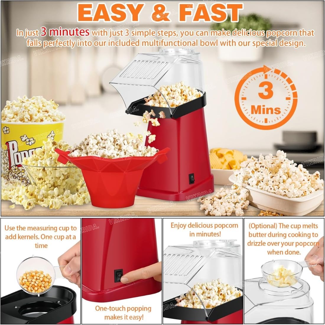 VikriDA 1200W Hot Air Popcorn Maker